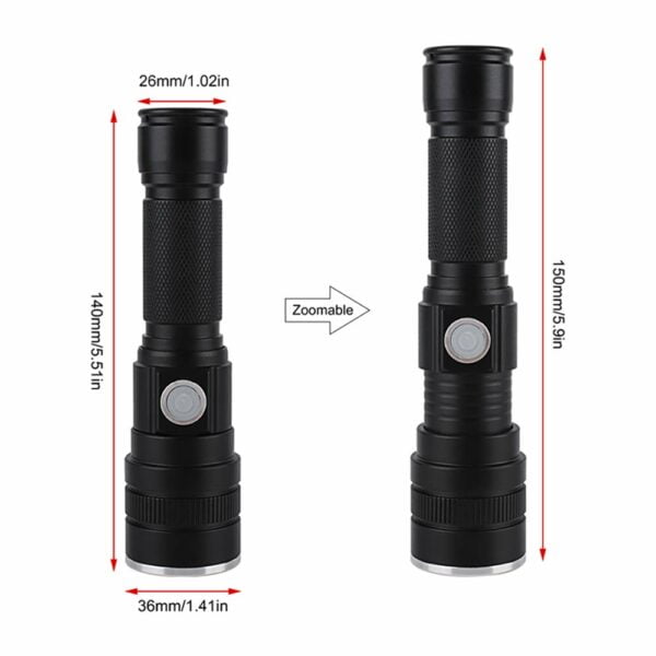 Boruit LED Flashlight, USB Rechargeable Flashlights, Super Bright 6000 Lumen P50 Flashlights, Rechargeable Tactical Waterproof Flashlight with Zoom for Camping, Hiking and Emergencies Built-in battery 12