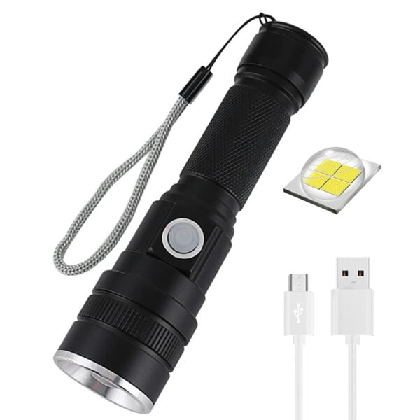 Boruit LED Flashlight, USB Rechargeable Flashlights, Super Bright 6000 Lumen P50 Flashlights, Rechargeable Tactical Waterproof Flashlight with Zoom for Camping, Hiking and Emergencies Built-in battery 10