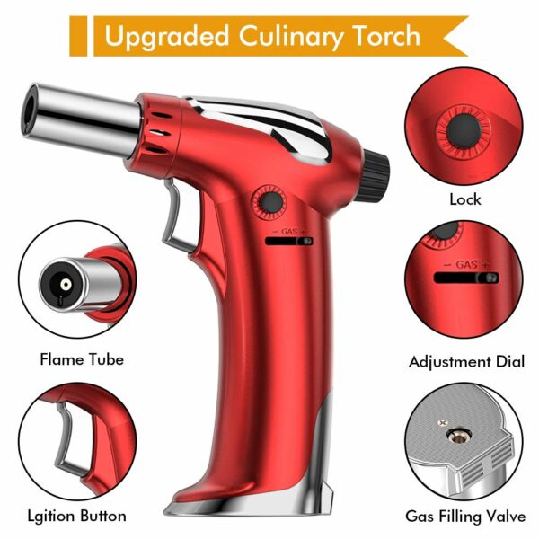 NANW Butane Torch, Refillable Kitchen Blow Torch Lighter Culinary Cooking Torch with Safety Lock & Adjustable Flame for BBQ, Creme Brulee, Baking, Crafts and Cooking (Butane Gas not Included) (Red) 12