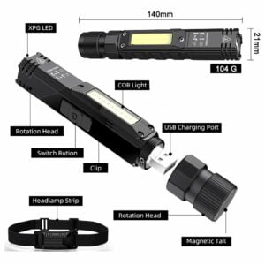 Portable Flashlight, 800 Lumens USB Rechargeable Tactical Flashlight, 90 Degree Rotate, Magnet tail, Flashlight IPX4 Waterproof Led Flashlight 5 Modes, COB Work Light for Camping, Outdoor, Maintain, Reading 3