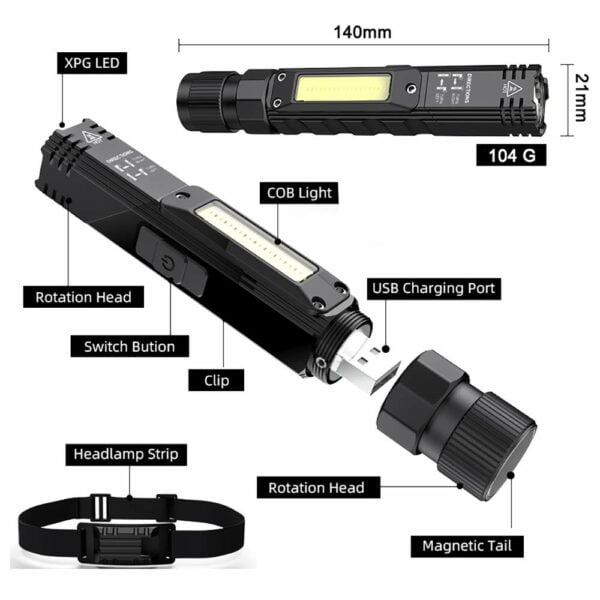 Portable Flashlight, 800 Lumens USB Rechargeable Tactical Flashlight, 90 Degree Rotate, Magnet tail, Flashlight IPX4 Waterproof Led Flashlight 5 Modes, COB Work Light for Camping, Outdoor, Maintain, Reading 12