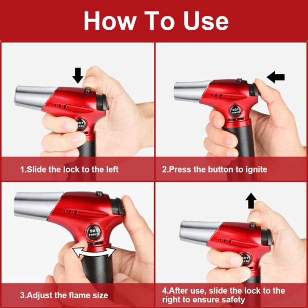 Tiikiy Blow Torch, Kitchen Cooking Torch with Lock Adjustable Flame Refillable Butane Torch for BBQ, Baking, Brulee Creme, Crafts(Butane Gas Not Included) Red 12