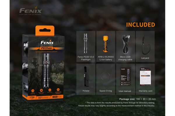 Fenix PD35 V3 1700 Lumens LED Tactical IP68 Waterproof with Aircraft Aluminum Construction, with a Rechargeable 2600 mAh Battery, Holster, and a Lumintrail USB Wall Plug 11