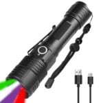4 in 1 Multicolor Flashlight Torch, Rechargeable Tactical LED Flashlight Green White Red UV Light, Waterproof Flash Light for Astronomy, Hunting, Fishing, Pet Clothing Detection 16