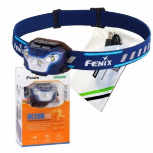 Fenix HL26R 450 Lumen USB rechargeable CREE LED running/jogging sweatband Headlamp with EdisonBright USB charging cable bundle (Blue)