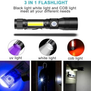 Blacklight Flashlights, 3 In 1 UV Flashlight Rechargeable Flashlight with Pocket Clip High Powered LED Light 7 Modes Waterproof (1Piece-with battery) 18