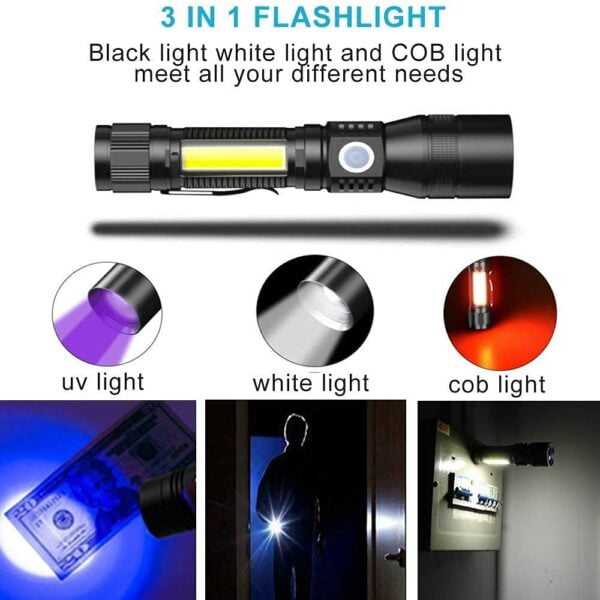 Blacklight Flashlights, 3 In 1 UV Flashlight Rechargeable Flashlight with Pocket Clip High Powered LED Light 7 Modes Waterproof (1Piece-with battery) 12