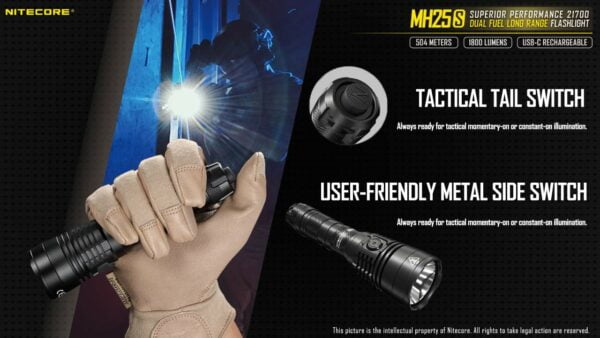 Nitecore MH25S 1800 Lumen Rechargeable Tactical Flashlight, Long Throw with 2X 5000mAh Battery and LumenTac Battery Organizer 13