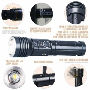 LIGHTFE Super Bright Tactical flashlight ZM26 Cree LED,Rechargeable 22430 Battery，Zoomable,90 degree elbow, tail magnet,Circular charging port focusing IPX-8 Waterproof Memory Function for Firefighter, Law Inforcement, Hunting, Night Riding …(ZM26) 3