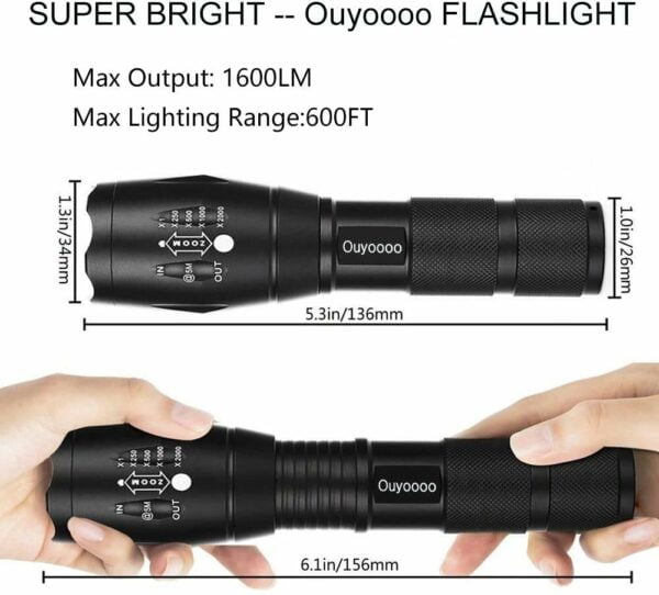 [2 Packs] LED Torches, OUYOOOO High Lumens XML T6 Flashlights with Adjustable Focus and 5 Light Modes, Water Resistant Torch for Emergency, Power Outage, Camping, Hiking 13
