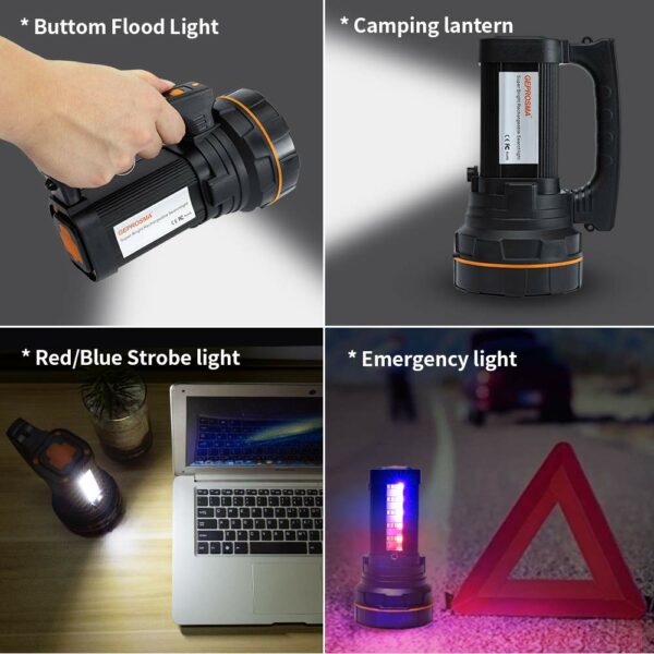 Super Bright Rechargeable LED Torch Handheld Spotlight Flashlight, High Powered 6000 Lumens Large Lithium Battery 10000mah Powered,Outdoor Searchlight Side Lantern Camping Flashlight Work Light Waterproof 11