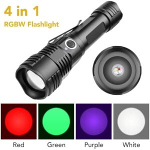 4 in 1 Multicolor Flashlight Torch, Rechargeable Tactical LED Flashlight Green White Red UV Light, Waterproof Flash Light for Astronomy, Hunting, Fishing, Pet Clothing Detection 16