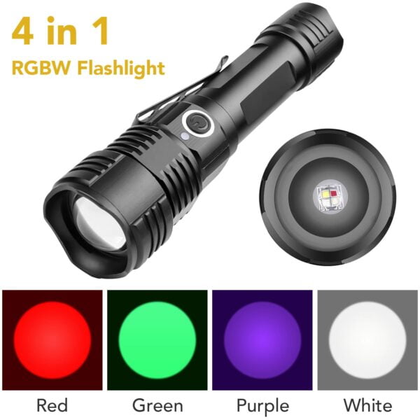 4 in 1 Multicolor Flashlight Torch, Rechargeable Tactical LED Flashlight Green White Red UV Light, Waterproof Flash Light for Astronomy, Hunting, Fishing, Pet Clothing Detection 10