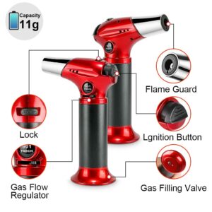 Tiikiy Blow Torch, Kitchen Cooking Torch with Lock Adjustable Flame Refillable Butane Torch for BBQ, Baking, Brulee Creme, Crafts(Butane Gas Not Included) Red 16
