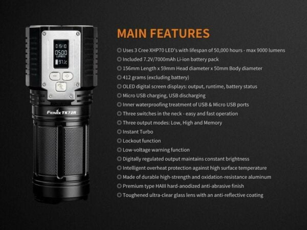 FENIX TK72R 9000 Lumen rechargeable digital display LED Flashlight/searchlight/powerbank with EdisonBright USB charging cable bundle 16