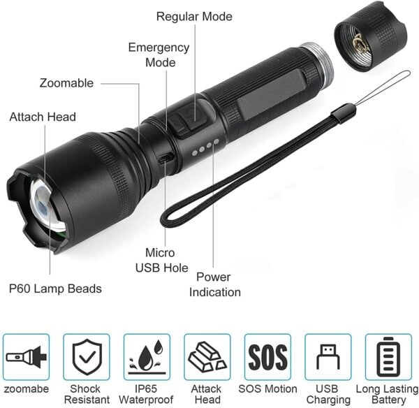 Rechargeable Flashlight with High Lumens, LED Super Bright Flashlight, Portable Adjustable Zoomable Emergency Torch with Built-in Battery, 5 Modes Waterproof Flash Light for Camping Hiking Cycling 11