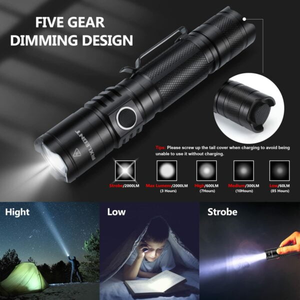 Handheld Tactical Flashlight – 2000 Lumen Super Bright Tactical Torch 5 Light Modes IPX7 Waterproof Powerful Flashlights for Outdoor Camping Hiking Emergency 10