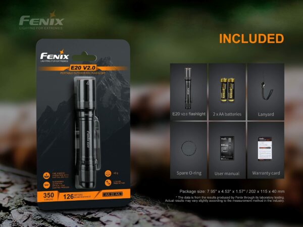Fenix E20 V2.0 Waterproof Flashlight AA Powered 4 Brightness Levels, 350 Lumens with 126m Beam LED Torch Light 13