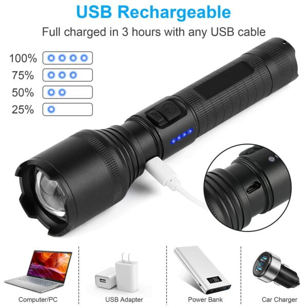 Rechargeable Flashlight with High Lumens, LED Super Bright Flashlight, Portable Adjustable Zoomable Emergency Torch with Built-in Battery, 5 Modes Waterproof Flash Light for Camping Hiking Cycling 13