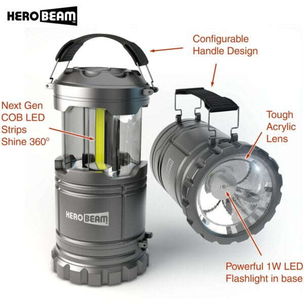 2 x HeroBeam LED Lantern V2.0 with Flashlight – Latest COB Technology emits 350 LUMENS! – Collapsible Camp Lamp – Great Light for Camping, Car, Shop, Attic, Garage – 5 Year Warranty 12