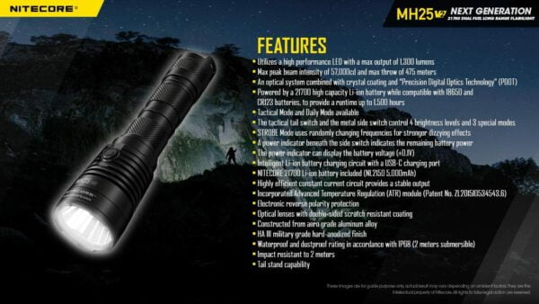 Nitecore MH25 v2 Type-C USB Rechargeable LED Flashlight – 1300 Lumens, 475 Meters w/Extra NL2150HPR Battery 13