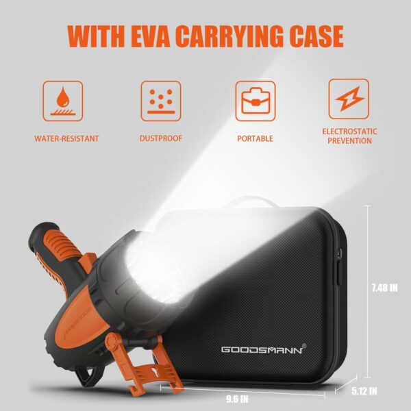 LED Rechargeable Spotlight 4500 Lumen with EVA Carrying Case by Goodsmann, 30W Portable Flashlight for Camping, Hiking, Hunting, Searching Use 14