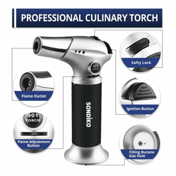 Sondiko Kitchen Torch S901, Blow Torch, Refillable Butane Torch with Safety Lock and Adjustable Flame for DIY, Creme Brulee, BBQ and Baking, Butane Gas Not Included 10