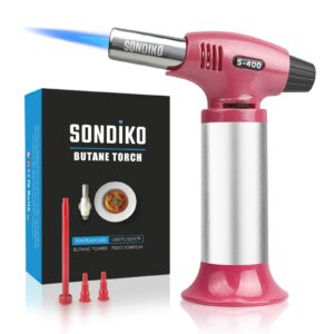 Tiikiy Blow Torch, Kitchen Cooking Torch with Lock Adjustable Flame Refillable Butane Torch for BBQ, Baking, Brulee Creme, Crafts(Butane Gas Not Included) Red 24