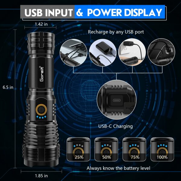 Flashlights LED High Lumens Rechargeable, Goreit 20000 Lumens XHP70.2 Super Bright Flashlight, High Powered Flash Light, Powerful Handheld Tactical Flashlights for Emergency Camping Hiking Gift 13