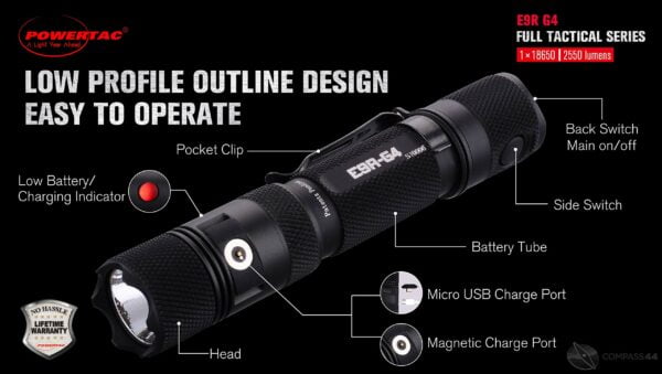 Powertac E9R G4 2550 Lumen USB Rechargeable LED Police Duty Compact Powerful Tactical Flashlight Dual-Charging Magnetic and USB System Hard Shell Holster with Compass 44 8-in-1 Tactical Keychain 14