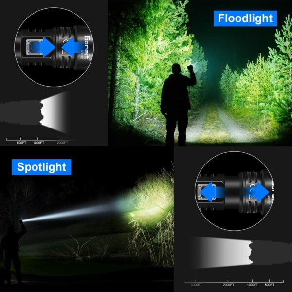 Torch, Goreit Flashlight LED Torch Rechargeable USB 10000 Lumen Handheld Torch, XHP70.2 Super Bright Tactical Flash Lights, High Powered Torches IP67 Waterproof Zoomable, for Camping Emergency Dog Walking 12