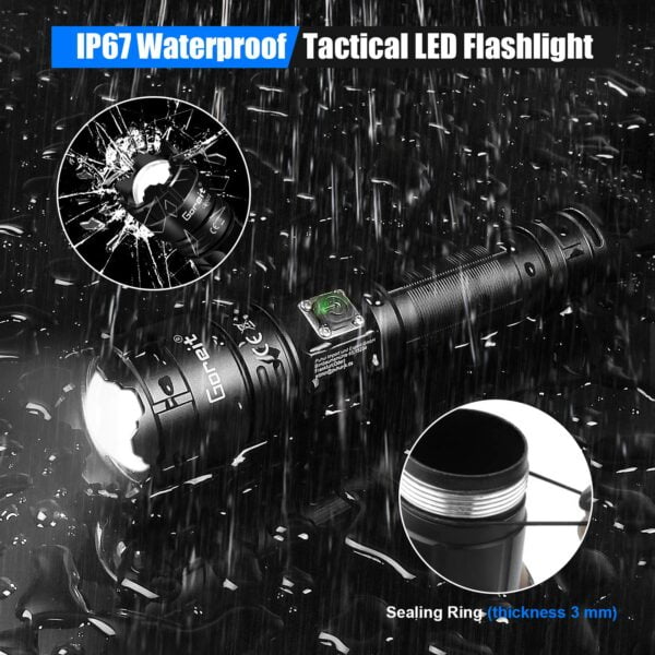 Torch, Goreit Flashlight LED Torch Rechargeable USB 10000 Lumen Handheld Torch, XHP70.2 Super Bright Tactical Flash Lights, High Powered Torches IP67 Waterproof Zoomable, for Camping Emergency Dog Walking 14