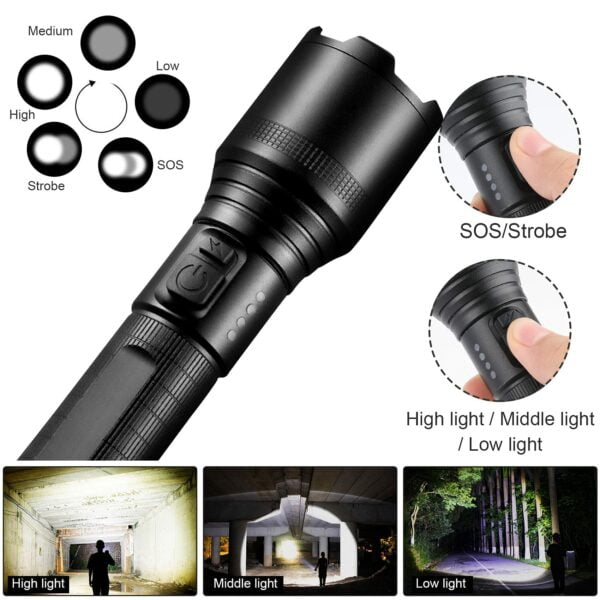 Rechargeable Flashlight with High Lumens, LED Super Bright Flashlight, Portable Adjustable Zoomable Emergency Torch with Built-in Battery, 5 Modes Waterproof Flash Light for Camping Hiking Cycling 12