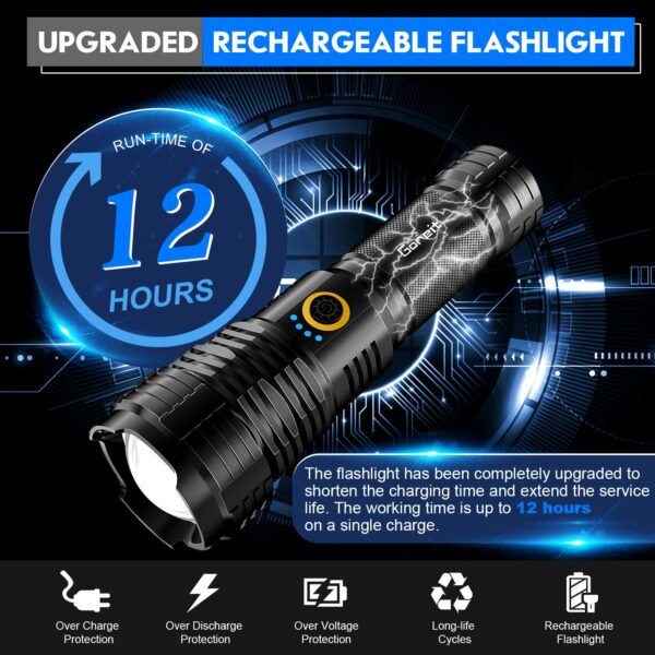 Flashlights LED High Lumens Rechargeable, Goreit 20000 Lumens XHP70.2 Super Bright Flashlight, High Powered Flash Light, Powerful Handheld Tactical Flashlights for Emergency Camping Hiking Gift 12