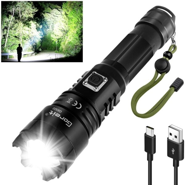 Torch, Goreit Flashlight LED Torch Rechargeable USB 10000 Lumen Handheld Torch, XHP70.2 Super Bright Tactical Flash Lights, High Powered Torches IP67 Waterproof Zoomable, for Camping Emergency Dog Walking 9