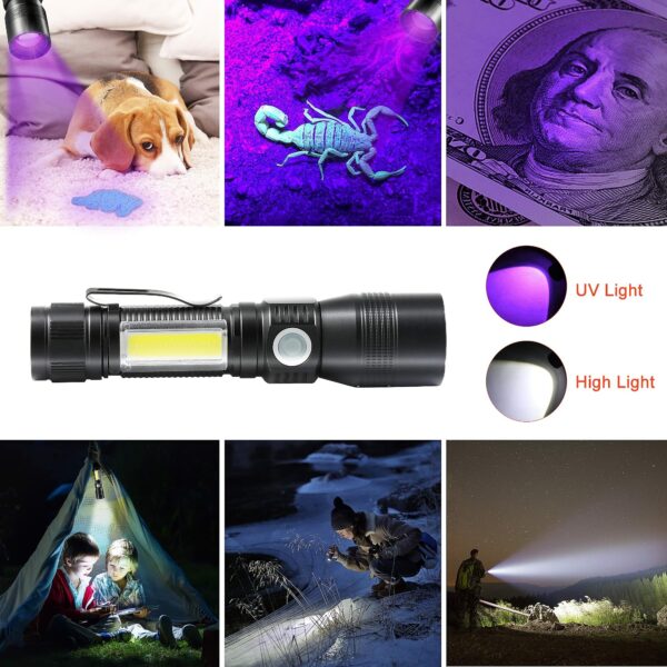 UV Light Flashlight Torch, 7 Modes Waterproof Rechargeable Black Light Flashlights, Zoomable Flash Light with Sidelight/SOS Lights/UV Light/White Light, for Pet Clothing Detection Emergency Camping 14