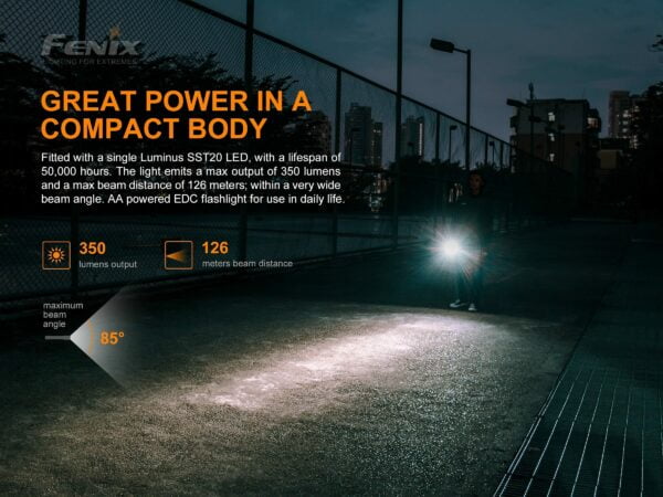 Fenix E20 V2.0 Waterproof Flashlight AA Powered 4 Brightness Levels, 350 Lumens with 126m Beam LED Torch Light 16