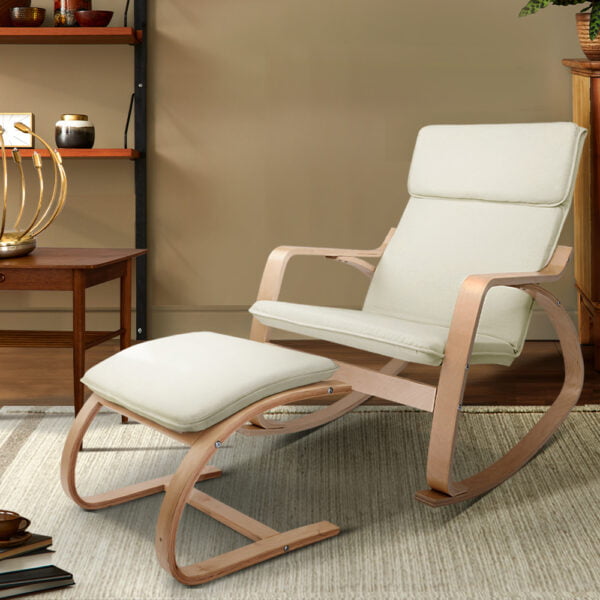 Artiss Wooden Armchair with Foot Stool – Beige 17