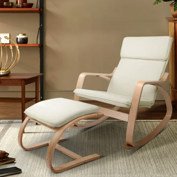 Artiss Wooden Armchair with Foot Stool - Beige - Image 8