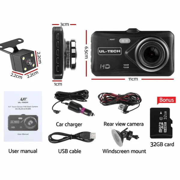 UL Tech 4 Inch Dual Camera Dash Camera – Black 9