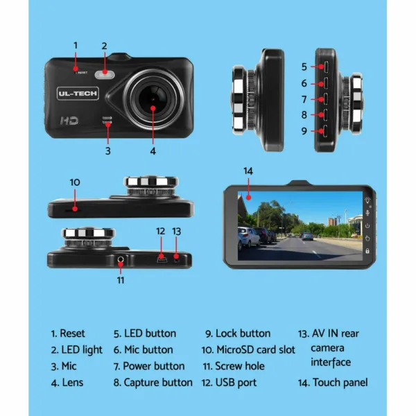 UL Tech 4 Inch Dual Camera Dash Camera – Black 13