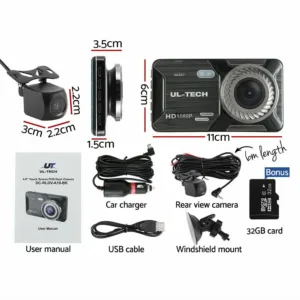 UL-tech 1080P 4″ Dash Camera Dual Lens Car DVR Recorder Front Rear Night Vision 3