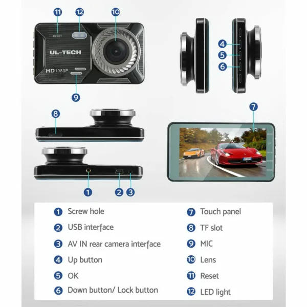 UL-tech 1080P 4″ Dash Camera Dual Lens Car DVR Recorder Front Rear Night Vision 16