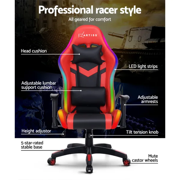 Artiss Gaming Office Chair RGB LED Lights Computer Desk Chair Home Work Chairs 14