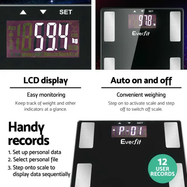 Everfit Bathroom Scales Digital Body Fat Scale 180KG Electronic Monitor BMI CAL 10