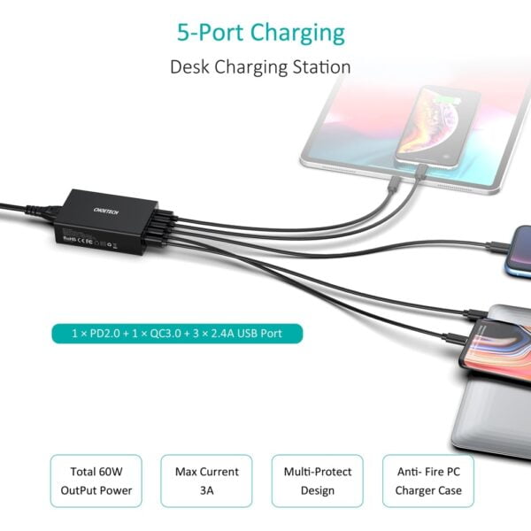 CHOETECH Q34U2Q 5-Port 60W PD Charger with 30W Power Delivery and 18W Quick Charge 3.0 10