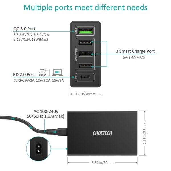 CHOETECH Q34U2Q 5-Port 60W PD Charger with 30W Power Delivery and 18W Quick Charge 3.0 11