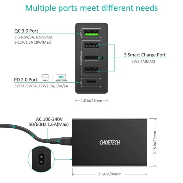 CHOETECH Q34U2Q 5-Port 60W PD Charger with 30W Power Delivery and 18W Quick Charge 3.0 - Image 4