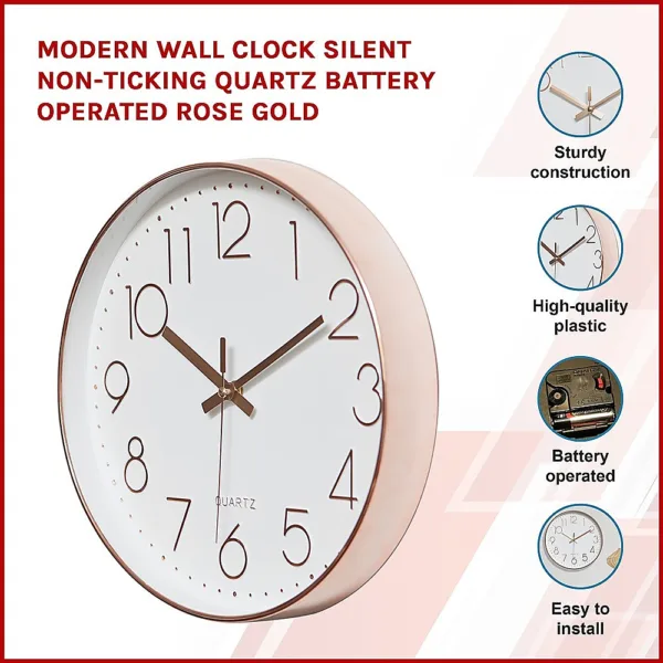 Modern Wall Clock Silent Non-Ticking Quartz Battery Operated Rose Gold 12