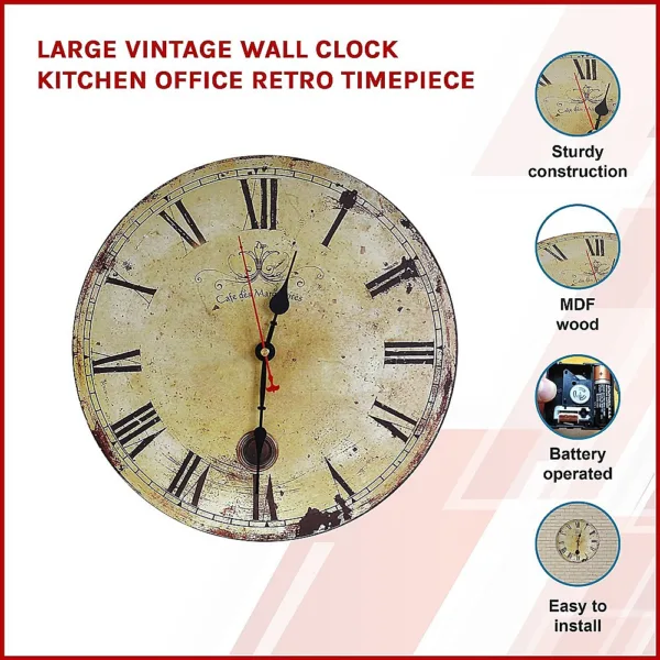 Large Vintage Wall Clock Kitchen Office Retro Timepiece 12